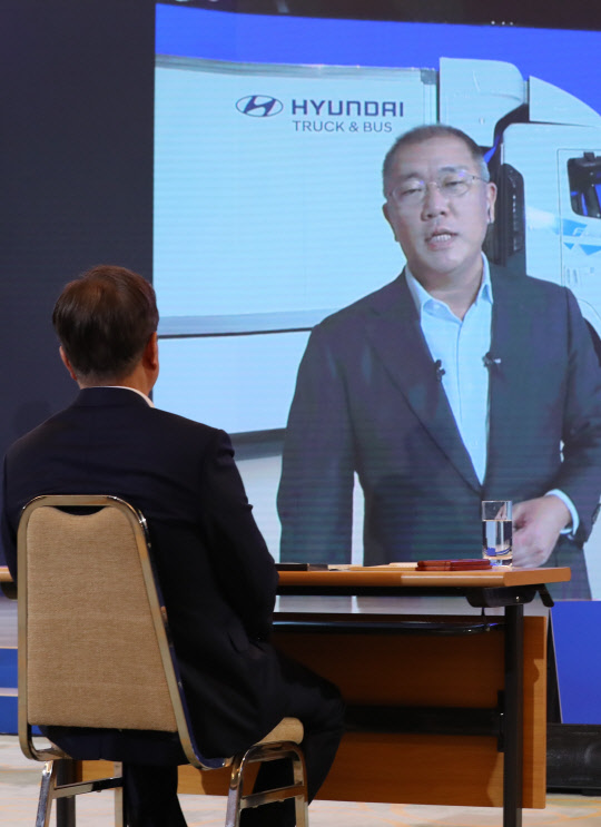 온라인 화상 발표  문재인 대통령이 14일 청와대 영빈관에서 열린 '한국판 뉴딜 국민보고대회'에서 실시간 화상으로 연결된 정의선 현대차그룹 수석부회장의 그린 뉴딜 관련 발언을 듣고 있다.  연합뉴스